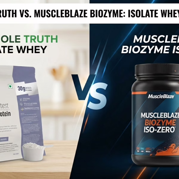 The Whole Truth Isolate Whey vs MuscleBlaze Biozyme Iso-Zero protein powder comparison featured image showing product packaging and a chocolate shake splash.