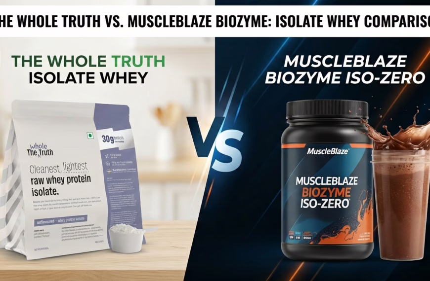 The Whole Truth Isolate Whey vs MuscleBlaze Biozyme Iso-Zero protein powder comparison featured image showing product packaging and a chocolate shake splash.