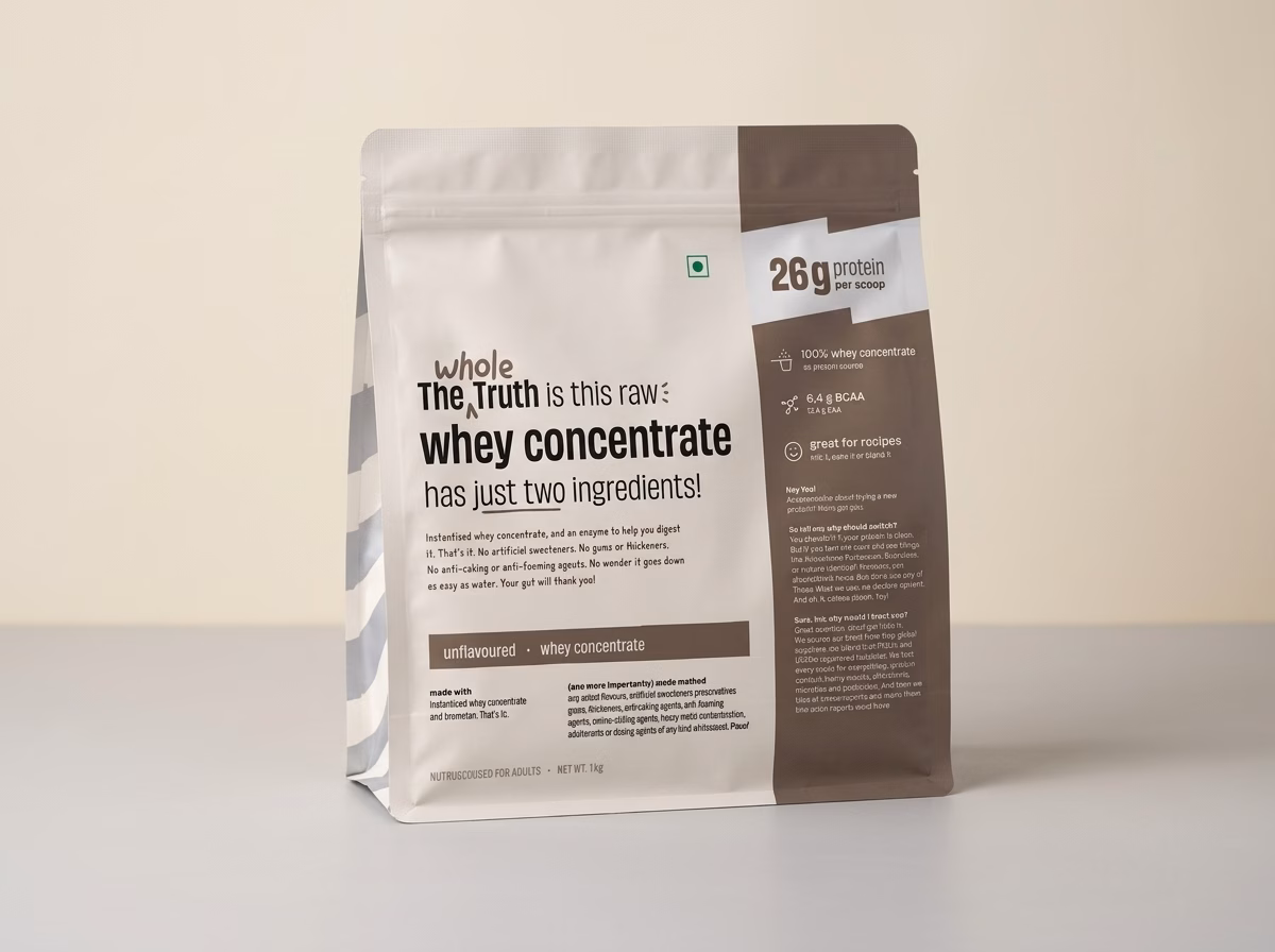The Whole Truth whey protein concentrate, 1 kg unflavoured pouch, reviewed in Naatural.in's guide to the best whey protein in India