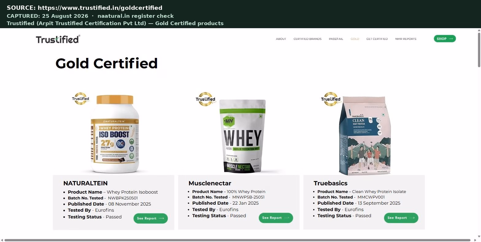 Trustified Gold Certified register entry confirming TrueBasics Clean Whey Protein Isolate is listed