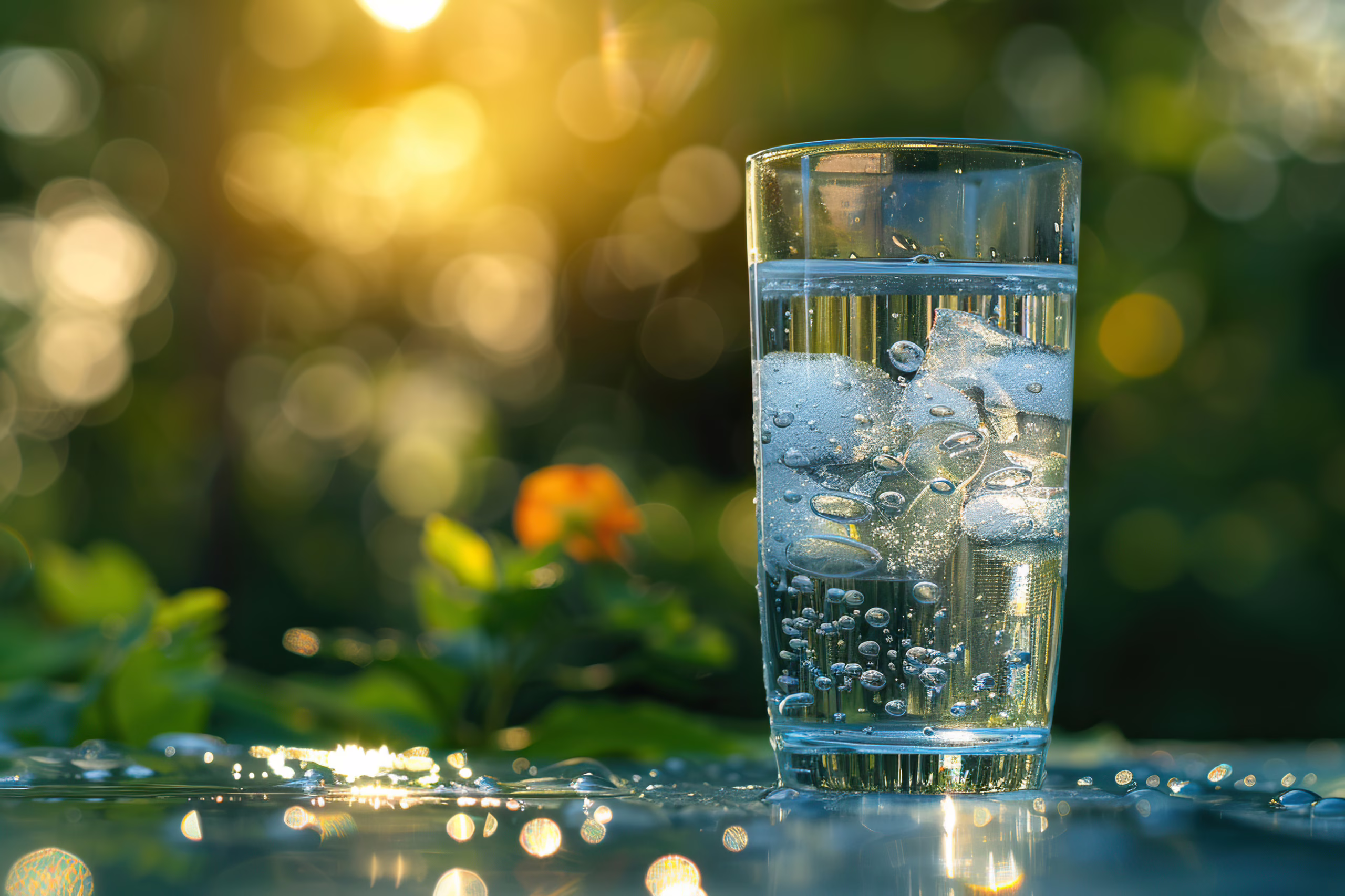 What is a TDS Reader: Clean water in a glass on a wooden table, showing water purity.