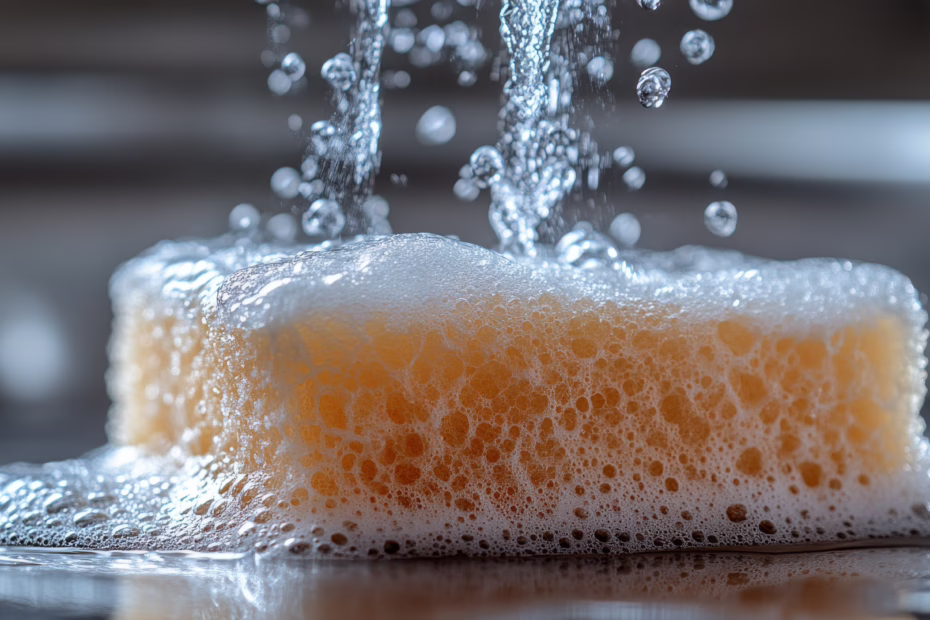 Sponge covered in soap bubbles resting on a metallic surface during bright daylight in a kitchen environment