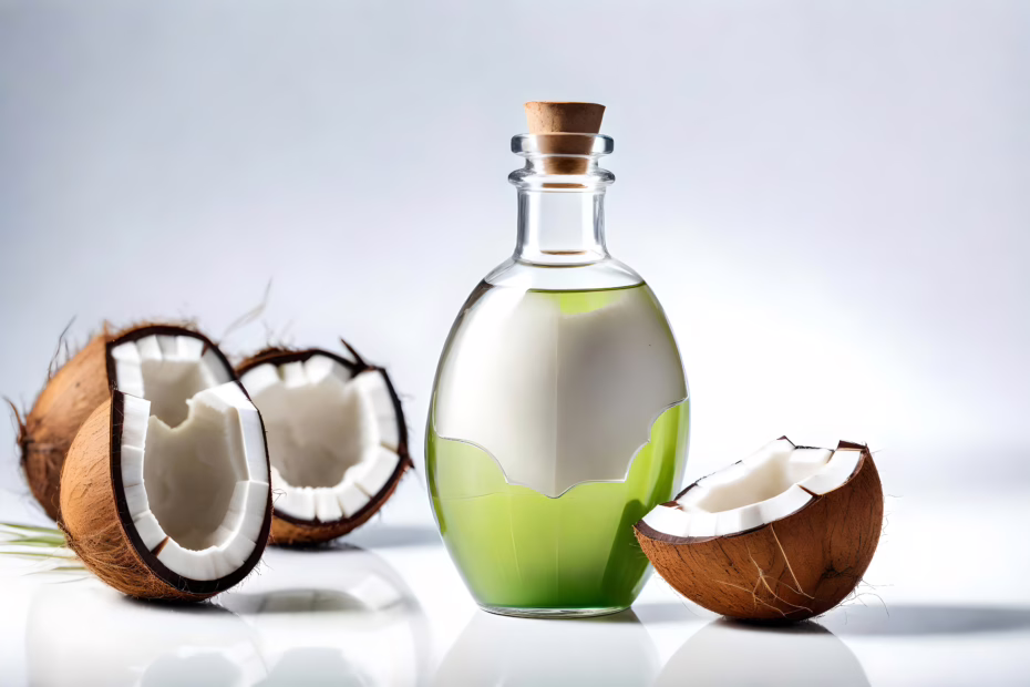 Glass jar of coconut oil skin moisturizer next to a halved fresh coconut on a natural background