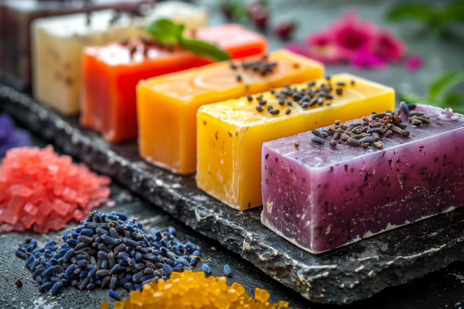 Handmade soap manufacturers display a pair of soaps on a rustic wooden table