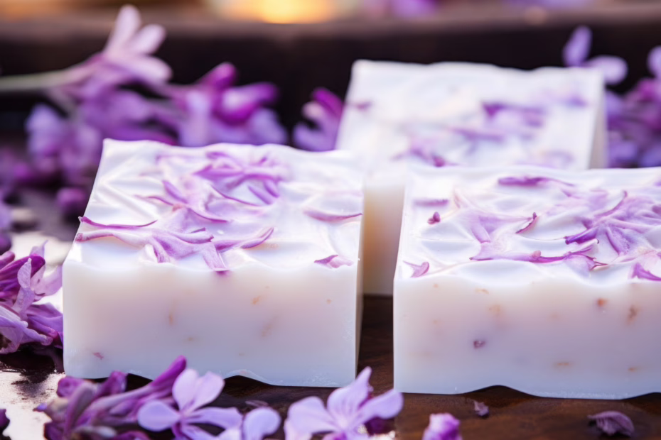 white soap squares with purple flowers on top