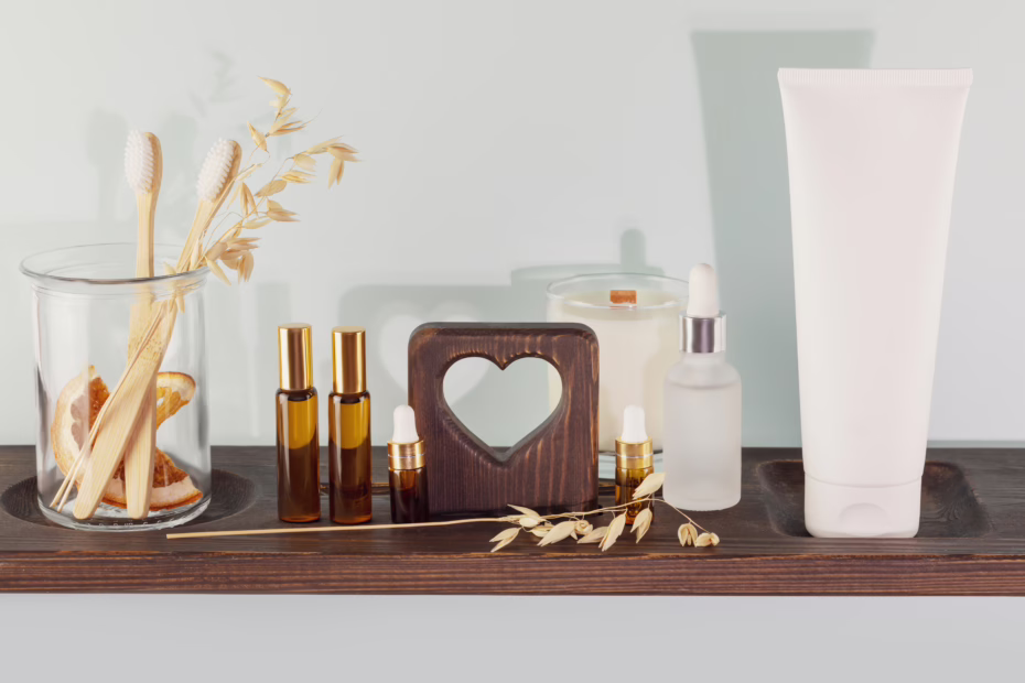 Bio toothpaste, toothbrushes in a glass jar on a wooden board