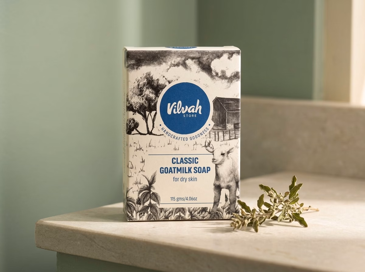 Vilvah soap bar photographed on a pale stone surface, featured in a guide to the best chemical free soap in India