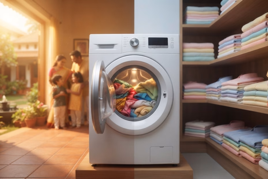 A modern washing machine in a well-lit home, representing the ideal capacity in a Washing Machine Size Guide for Every Indian Family.