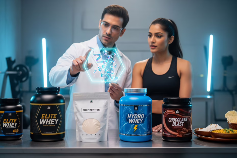 A scientist and fitness expert examining a holographic molecule with various whey protein supplements and a traditional Indian meal in a lab.
