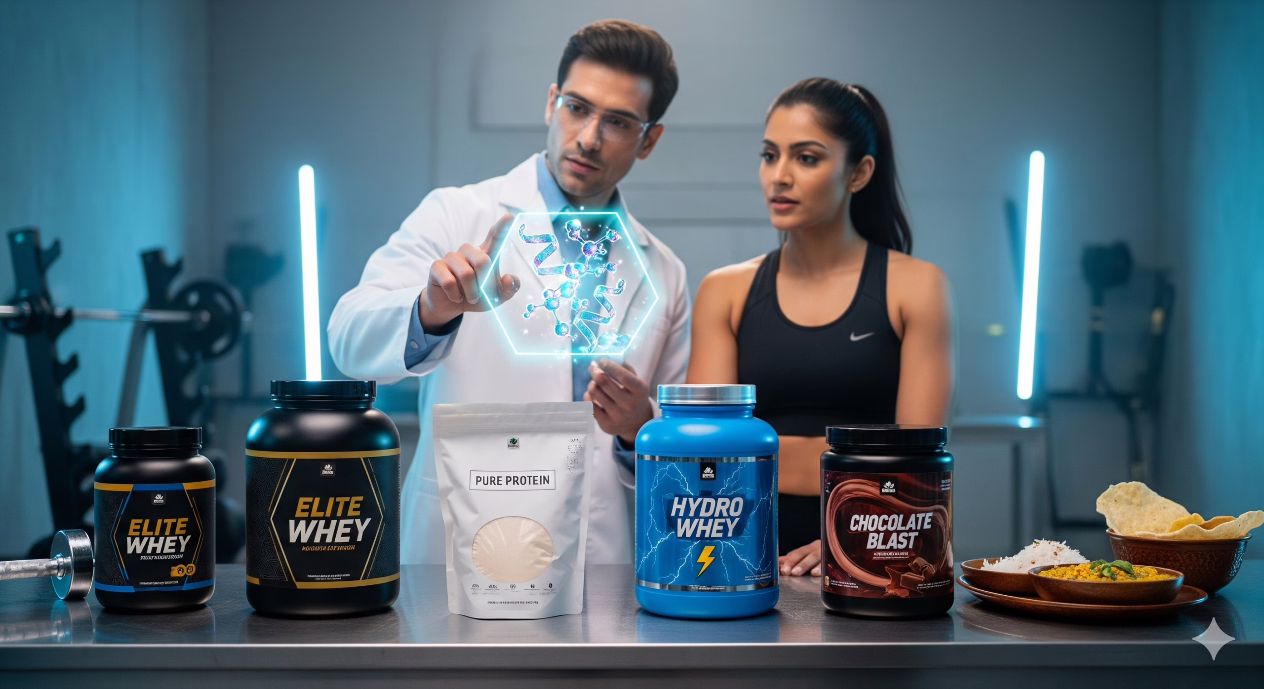 A scientist and fitness expert examining a holographic molecule with various whey protein supplements and a traditional Indian meal in a lab.