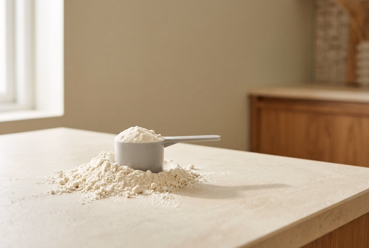 A scoop of whey protein powder resting on a kitchen surface